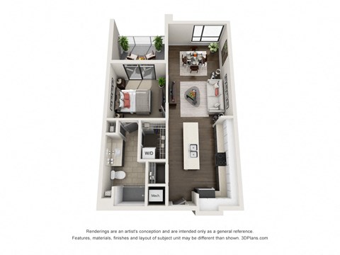 Floor plan for 1 bed, 1 bath, 682 sqft